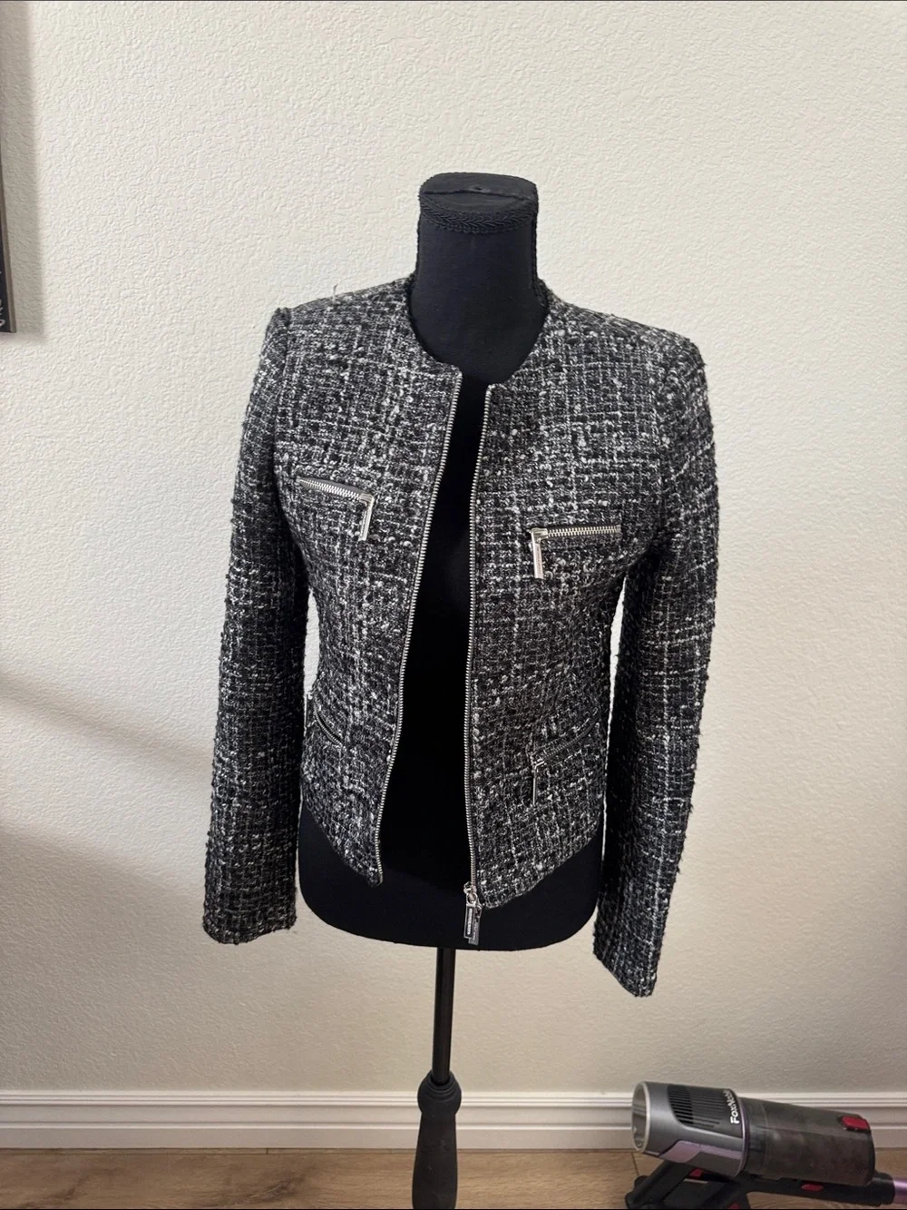 Michael Kors Black & White Tweed Zip Jacket